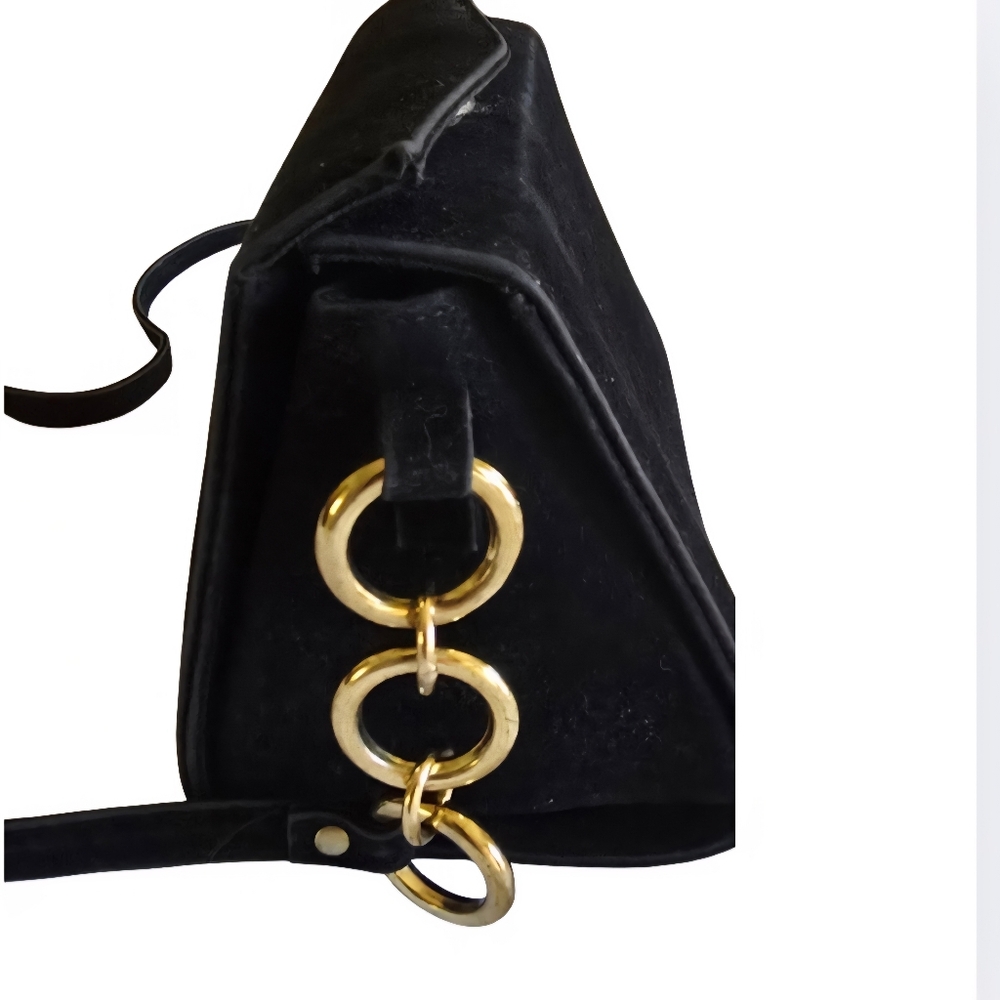 Vintage Black Velvety Handbag Small Gold Link + Leather Strap Shoulder Purse